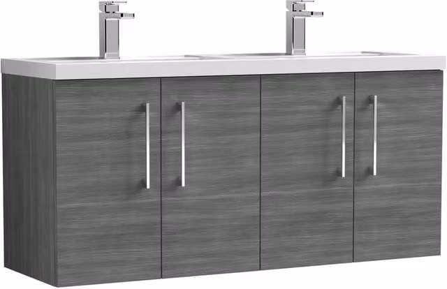 Balterley Level 1200mm Wall Hung 4 Door Bathroom Vanity Unit with 2 Polymarble Basins in Anthracite Grey Woodgrain