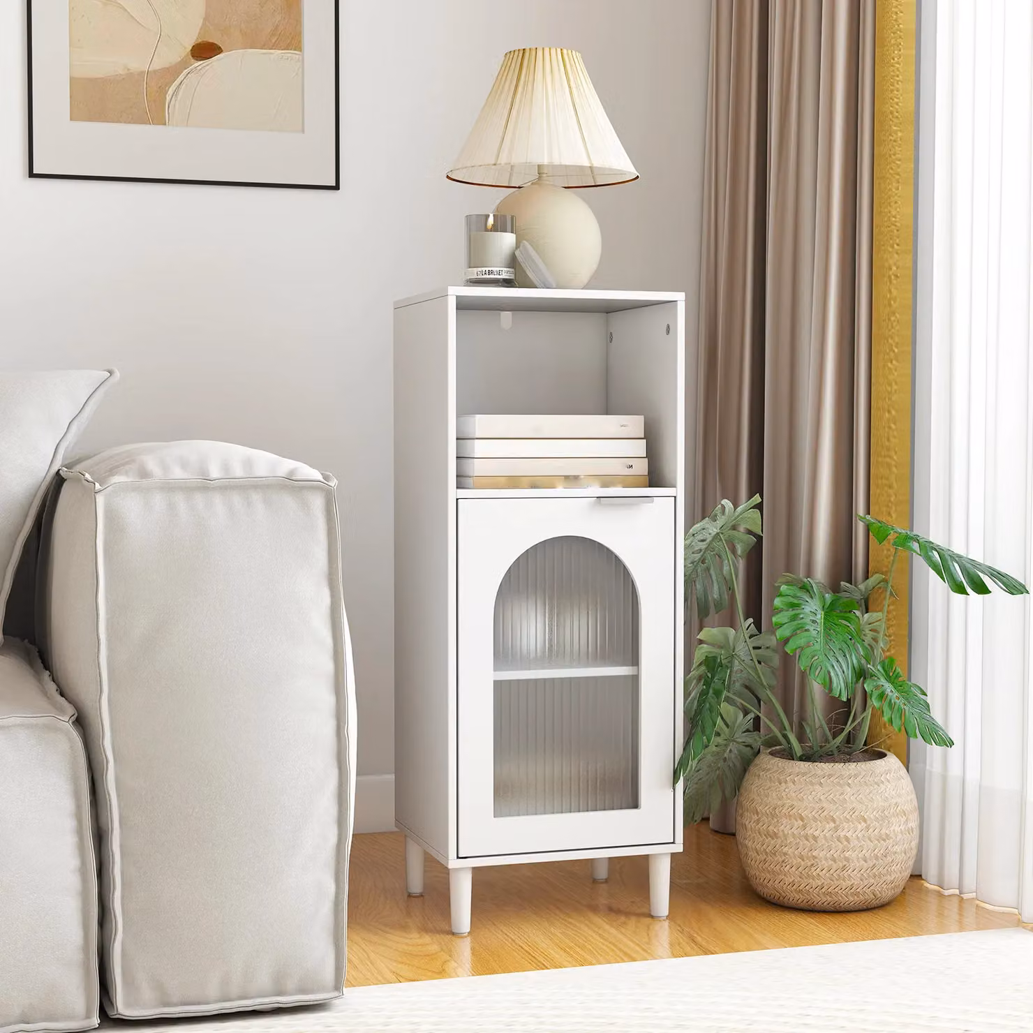 Costway White Wood Bathroom Floor Cabinet with Glass Doors and Internal Shelves – 4