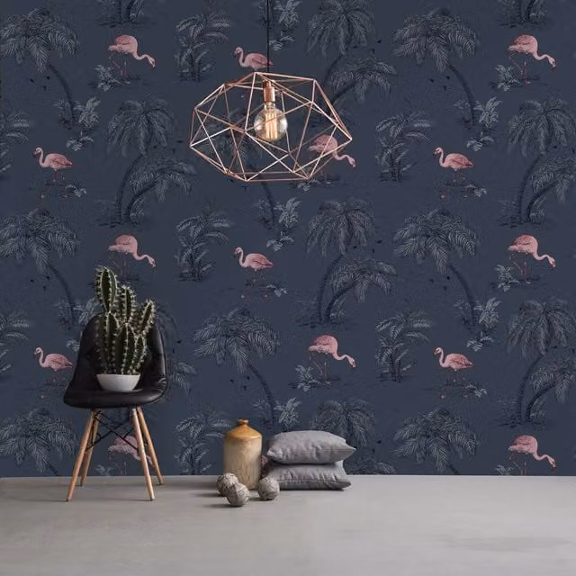 Holden Decor Flamingo Lake Midnight Wallpaper in Blue and Pink with Botanical and Floral Patterns