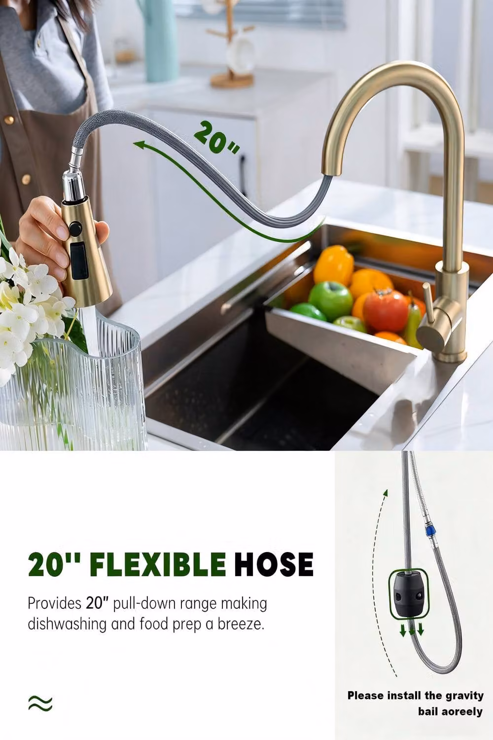 JANLEMNY Brushed Gold Stainless Steel Kitchen Mixer Tap with Pull-Down Sprayer and Single Lever Control – 2