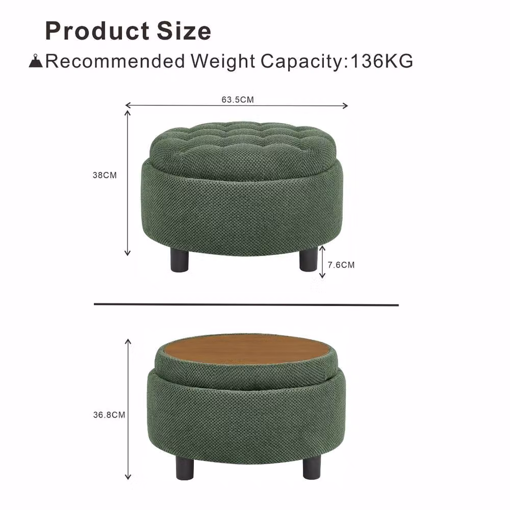 Rolipo Dark Green Round Fabric Storage Ottoman with Wooden Tray Top – 5