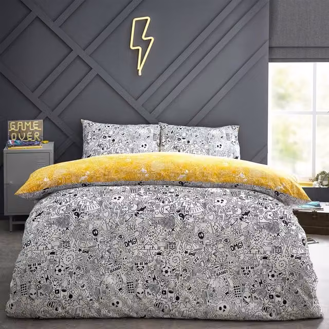 Make it a Home Notebook Doodles Reversible Graphic Duvet Cover Set, White, Black and Yellow, 140 x 200 cm