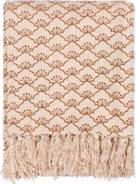 Saku Blossom Fringed Cotton Throw in Pecan Brown and Beige with Floral Art Deco Design