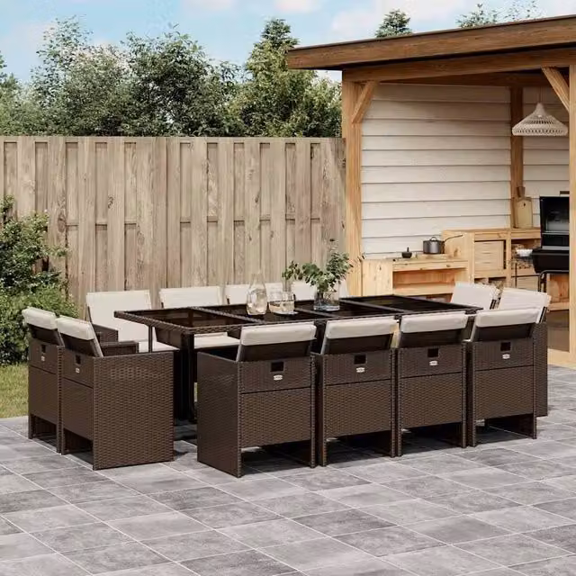 Berkfield Home 13 Piece Brown Poly Rattan Garden Dining Set with Cushions – 1