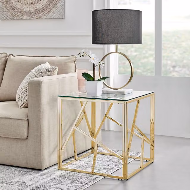 FurnitureboxUK Amalfi Gold Chrome Side Table with Glass Top in Gold