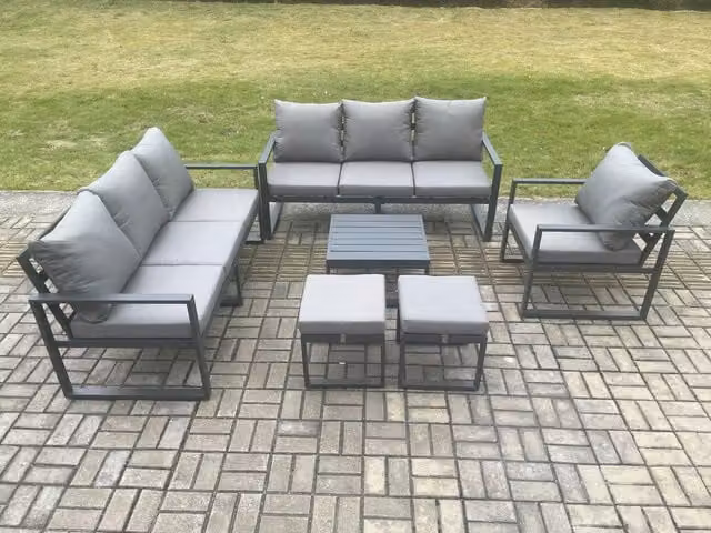 Fimous 9 Seater Aluminium Outdoor Garden Furniture Lounge Set in Dark Grey with Coffee Table and Ottomans