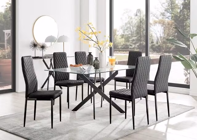 FurnitureboxUK Leonardo Glass Dining Table with 6 Milan Black Leg Chairs in Black
