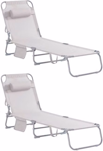 SoBuy Set of 2 Foldable Sun Loungers in Beige with Adjustable Headrests and Powder Coated Steel Frames