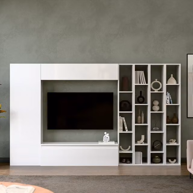 Decorotika Napoli Wall Mounted Entertainment Center with Open Shelves in High Gloss White