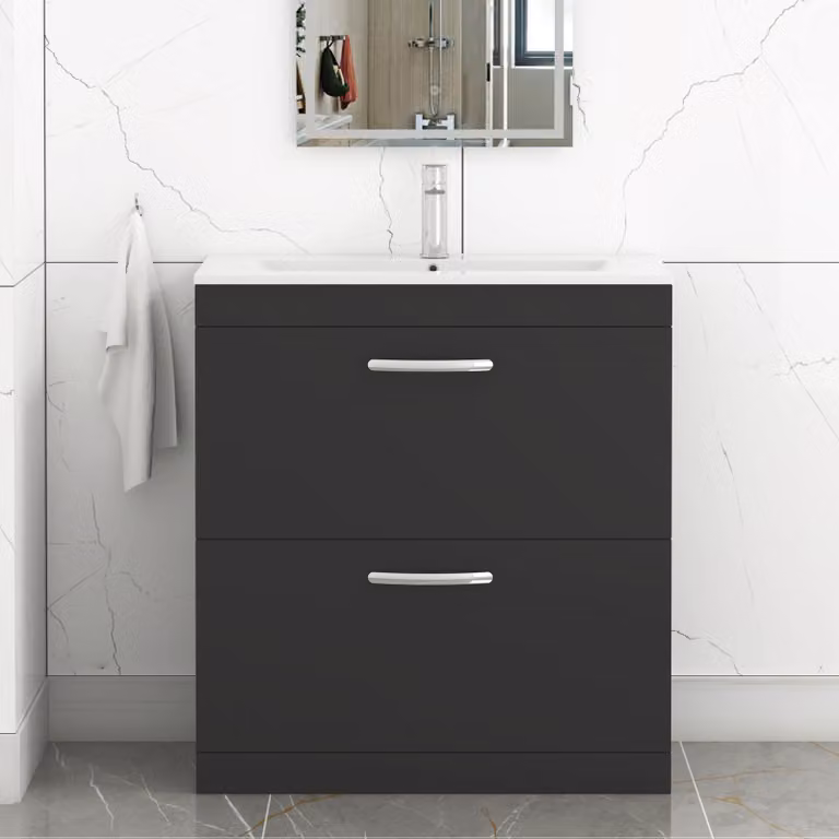 Royal Bathrooms Turin 800mm Matt Black Floor Standing 2 Drawer Vanity Unit with Minimalist Basin