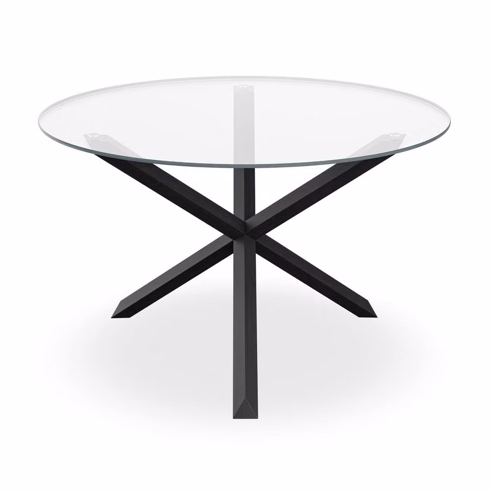 More4Homes Malvern Round Dining Table and Anika Grey Velvet Chair Set, Clear Glass Top with Black Solid Oak Legs, Diameter: 120 cm, Height: 75 cm – 2