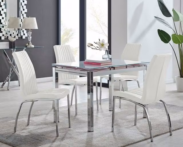 Furniturebox Enna White Glossy Glass Extending Rectangular Dining Table and 4 Isco Chairs Set