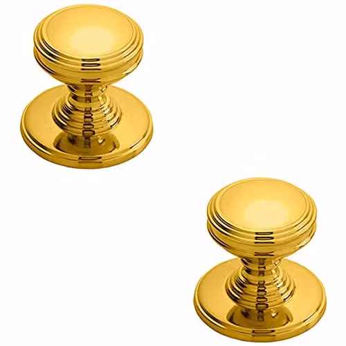 Loops 2 Pack Polished Brass Ringed Tiered Cupboard Door Knobs, 25mm Diameter
