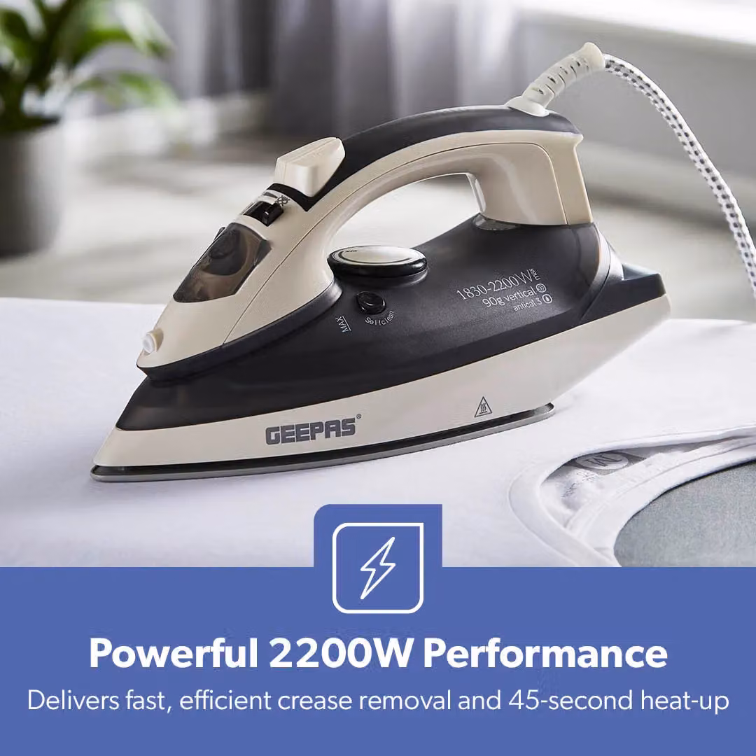 Geepas 2200W Steam Iron with Ceramic Non-Stick Soleplate in Black – 3