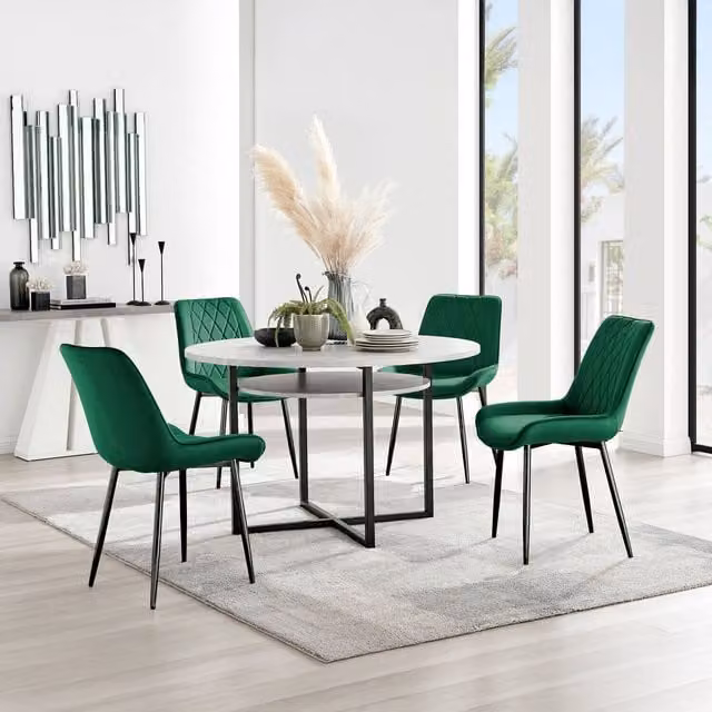 FurnitureboxUK Adley Grey Concrete Effect Round Dining Table with Shelf and 4 Green Velvet Pesaro Dining Chairs with Black Metal Legs – 1