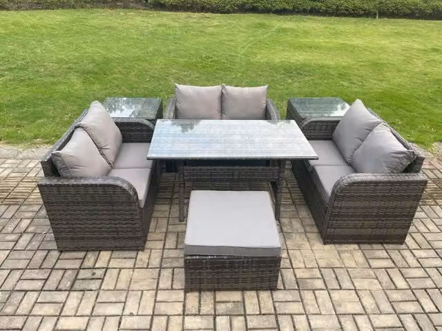 Fimous 7 Seater Outdoor Rattan Garden Furniture Set in Dark Grey with Rectangular Dining Table, Love Sofa, 2 Side Tables and Large Footstool