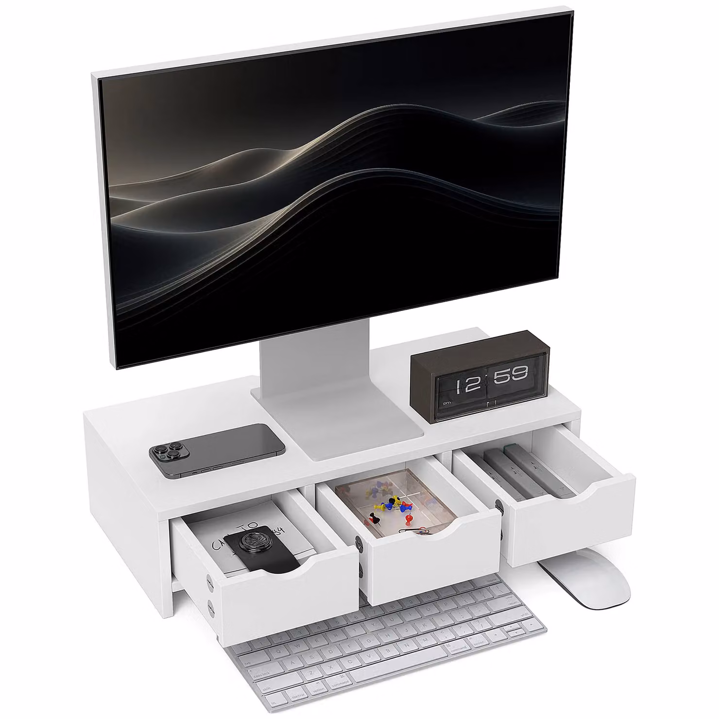 HOMCOM Monitor Stand Riser with 3 Drawers for Laptop, Computer or PC, White, W: 51 cm, D: 24 cm, H: 13 cm – 2