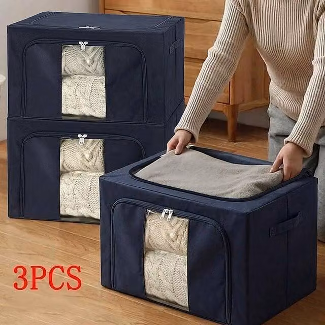 YnysTec 3-Piece Zipped Clothes Storage Bags in Dark Blue, Large Wardrobe Closet Organiser Boxes with Lids – 1