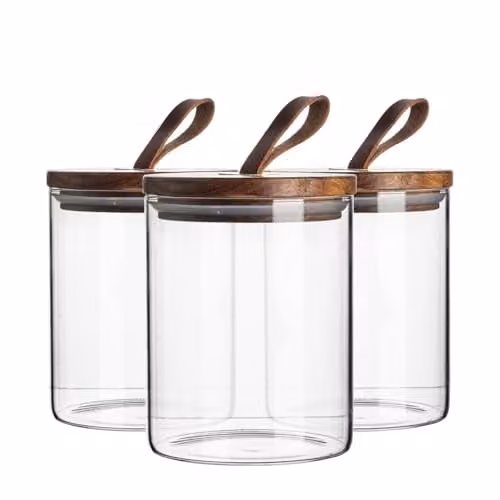 Argon Tableware Scandi Airtight Glass Storage Jars with Brown Leather Loop Lids, 0.75 l, 3 Pack, Transparent – 1