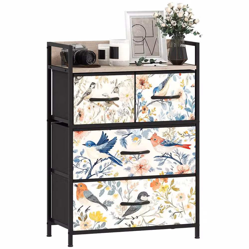 HOMCOM White Fabric Chest of Drawers with Open Shelf and Floral Design – 2