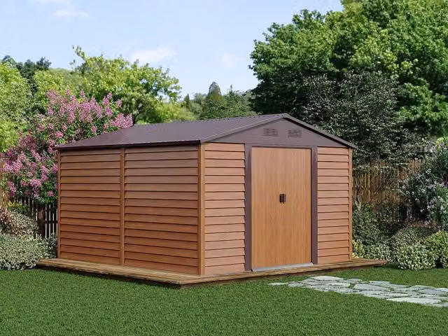 ARSEGO Wood Effect Galvanised Steel Garden Shed in Walnut, 11.75 m²