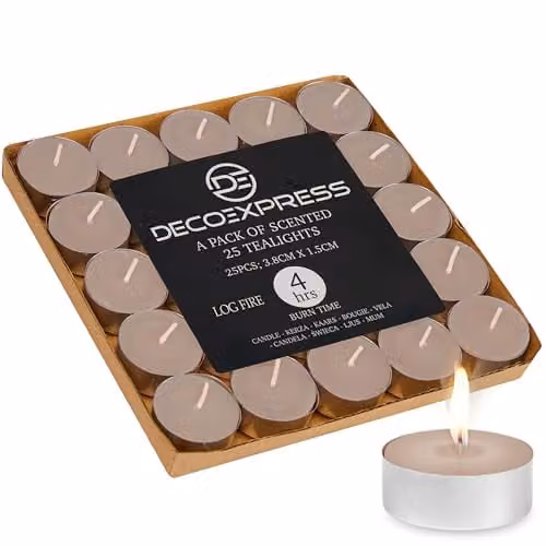 Deco Express Log Fire Scented Tealight Candles, Beige, 25 Pack – 1