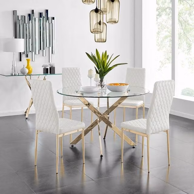 FurnitureboxUK Novara Gold Round Glass Dining Table and Four Milan Chairs in White and Gold