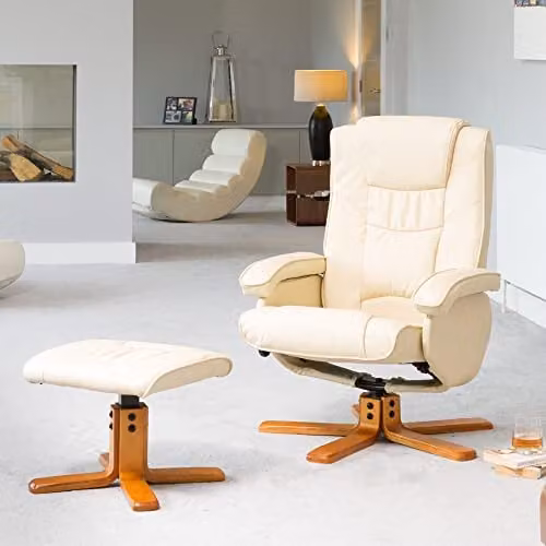 Artemis Home Severn Grey Bonded Leather 360 Degree Ergonomic Swivel Recliner Chair and Matching Footstool, Width: 73 cm