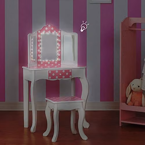 Teamson Kids Princess Gisele 2-Piece Wooden Play Vanity Set with LED-Illuminated Tri-Fold Mirror and Stool, White with Pink Polka Dot – 4