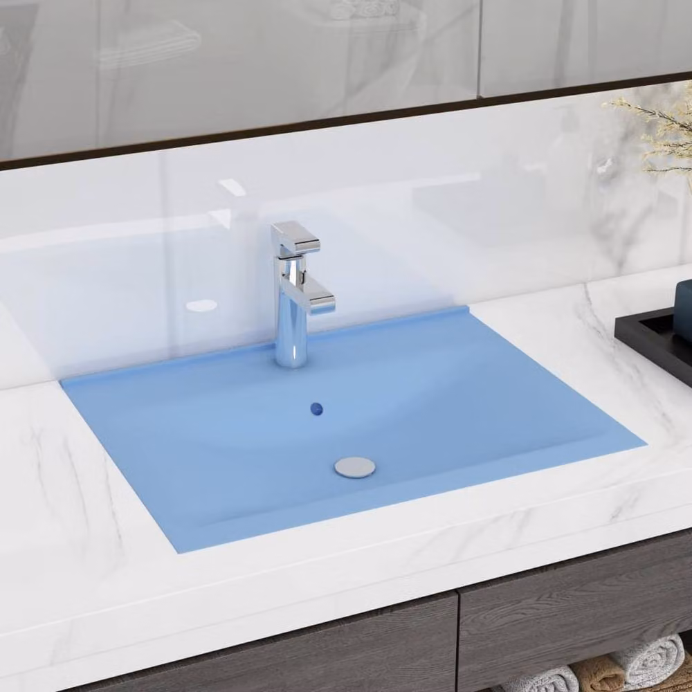 Berkfield Home Luxury Rectangular Ceramic Wall Hung Basin with Faucet Hole in Matt Light Blue, W: 60 cm, D: 46 cm, H: 16 cm – 2