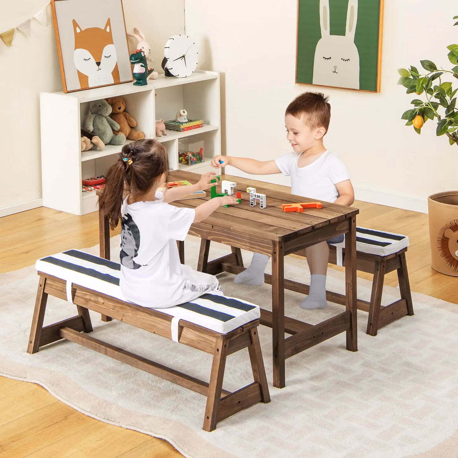 Costway Wooden Kids Picnic Table and Bench Set with Umbrella in Blue – 4