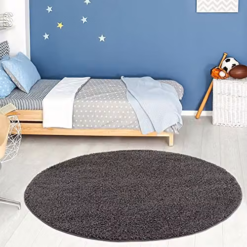 THE RUGS Round Shaggy Soft High Pile Rug, Grey, Diameter: 120 cm