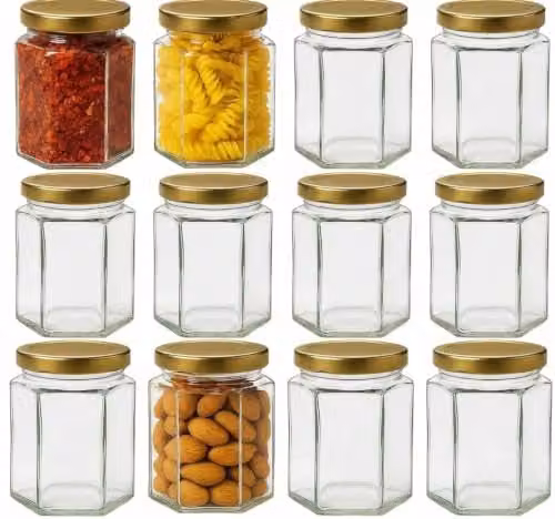 ATEK Set of 72 Hexagonal Glass Storage Jars with Airtight Lids, 180ml, Transparent