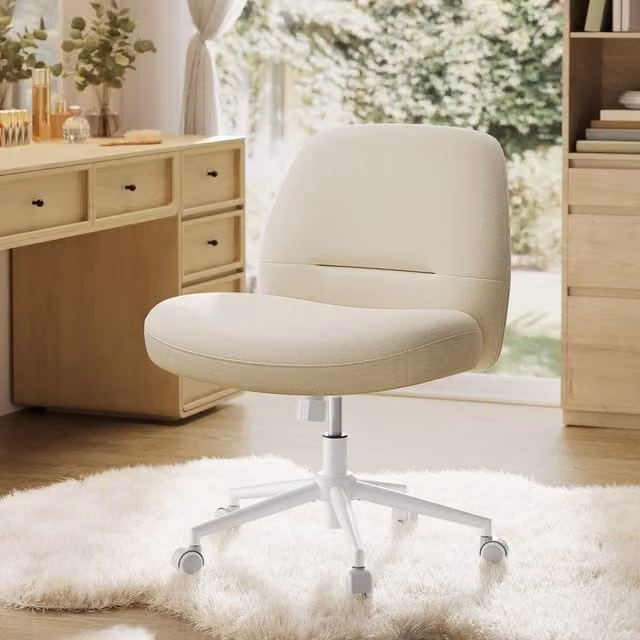 SONGMICS HOME White Fabric Cross Legged Armless Swivel Task Chair for Home Office with Adjustable Height