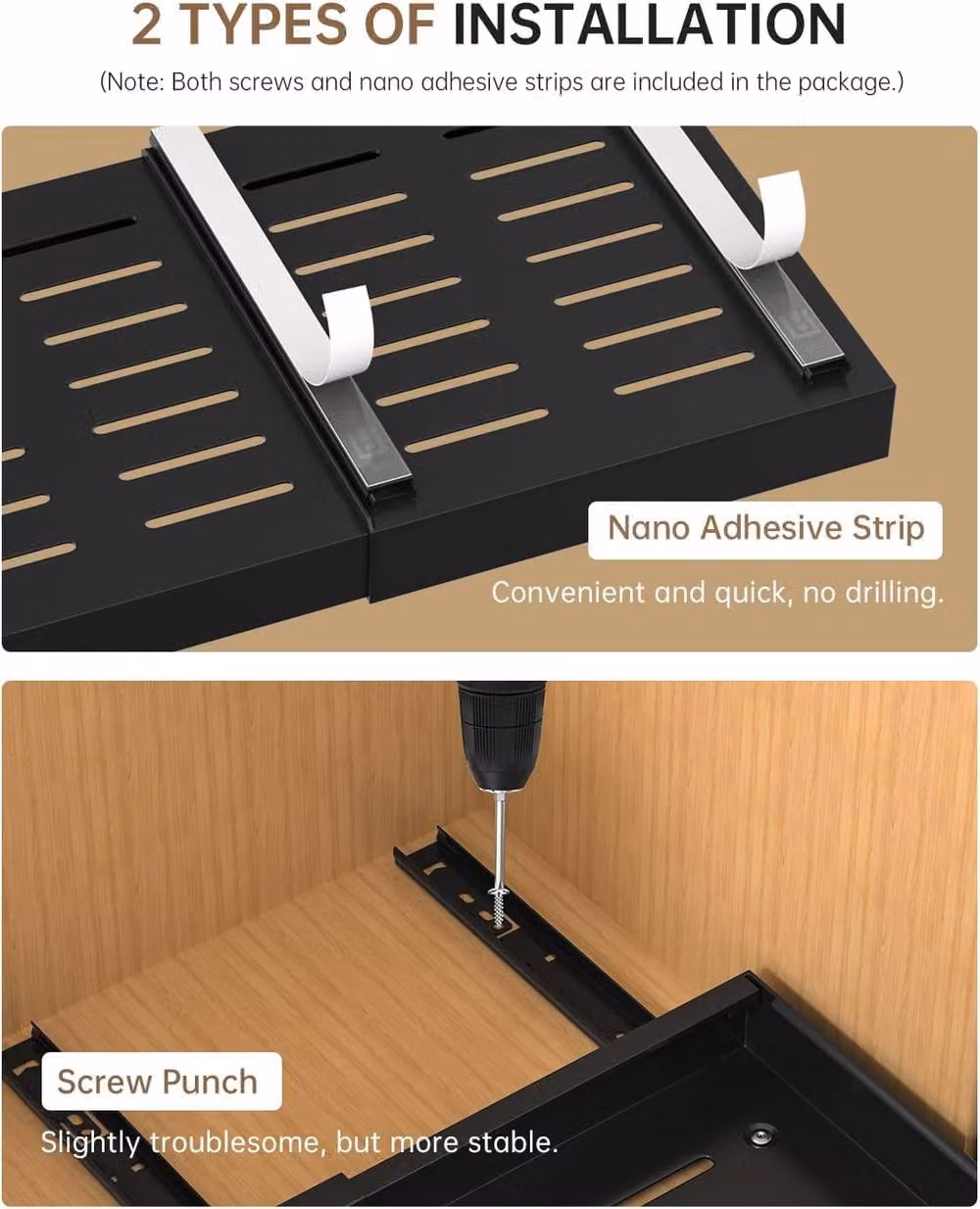 JANLEMNY 2 Pack Adjustable No-Drill Carbon Steel Pull-Out Cabinet Organiser in Black – 6