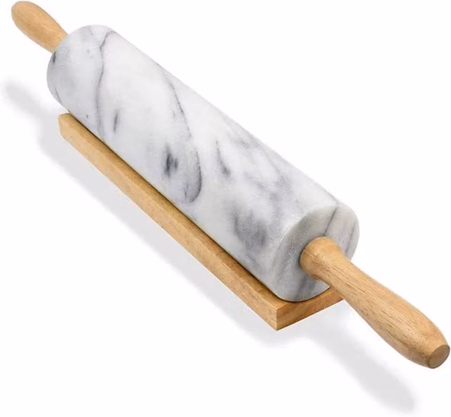 SPETLEK White Marble Rolling Pin with Wooden Handles and Stand