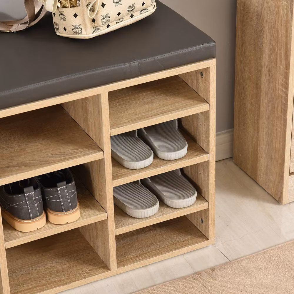 STILVORA Shoe Cabinet with 14 Compartments and Beige Seat Cushion in Natural Wood Finish – 6