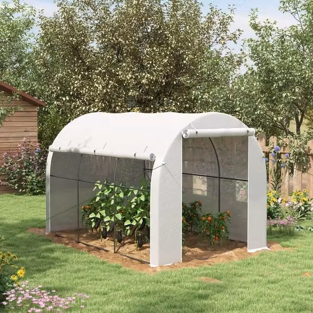 Outsunny White Polytunnel Greenhouse with Zipped Roll-up Door and Galvanised Steel Frame
