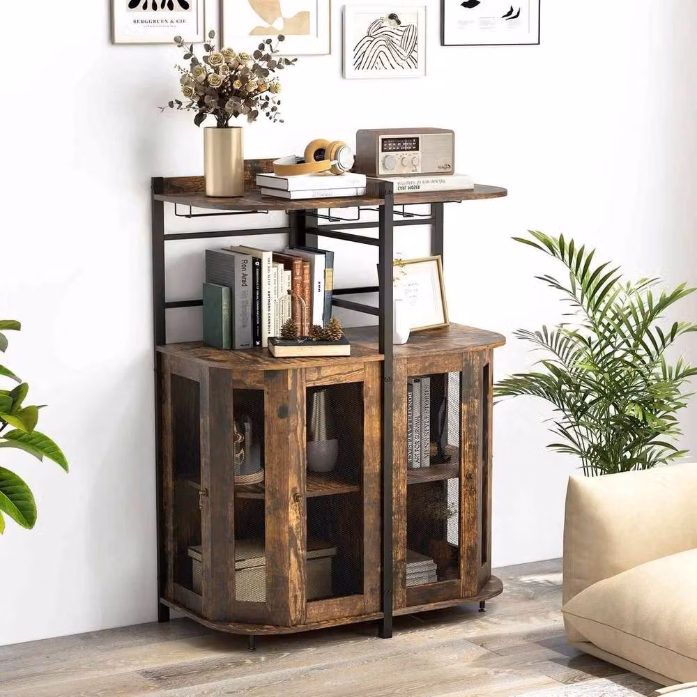 Kelvenix Chic Industrial Corner Bar Cabinet in Brown with Glass Doors and Internal Shelves – 4