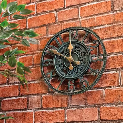 mysmartbuy Vintage Open Face Indoor or Outdoor Skeleton Wall Clock with Cog and Wheel Design, Green or Bronze, Diameter: 30 cm – 1