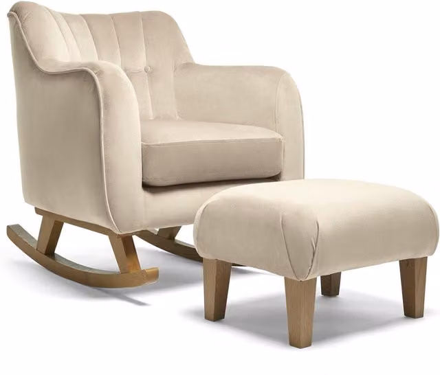 Mamas & Papas Classic Nursing Chair and Ottoman Set in Beige Velvet with Oak Wood Frame