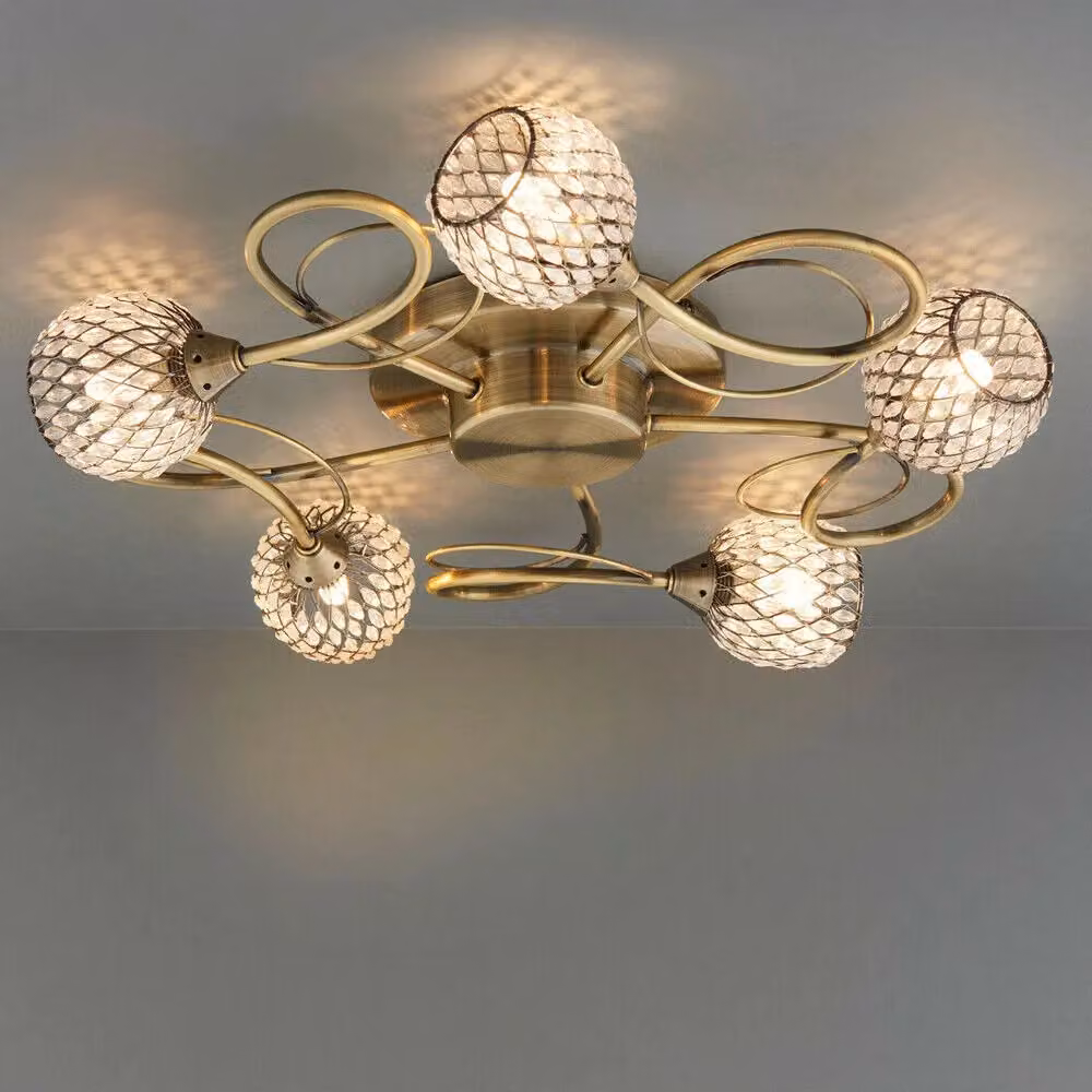 Loops Semi Flush Ceiling Light in Brass with Transparent Glass Beads for 5 Bulbs – 2