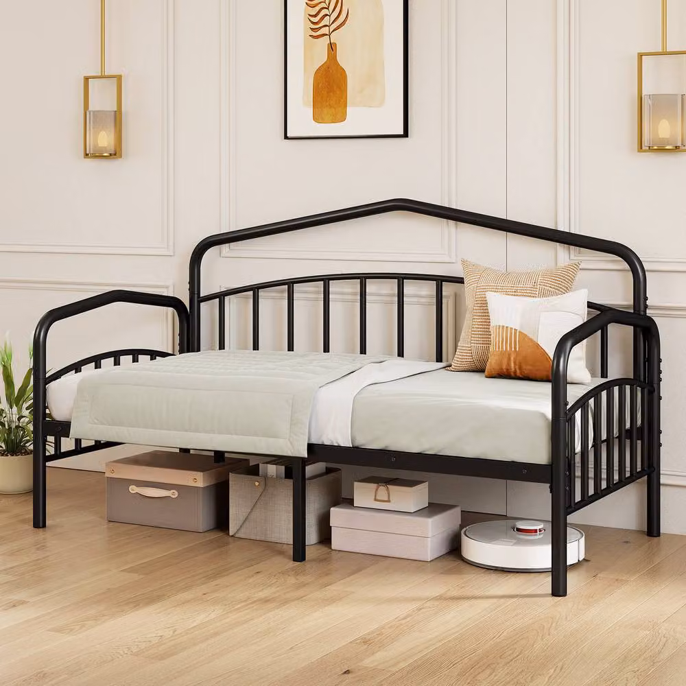 Costway Single Metal Daybed with Rolling Pull Out Trundle in Black, W/D/H: 90 x 200 cm – 3