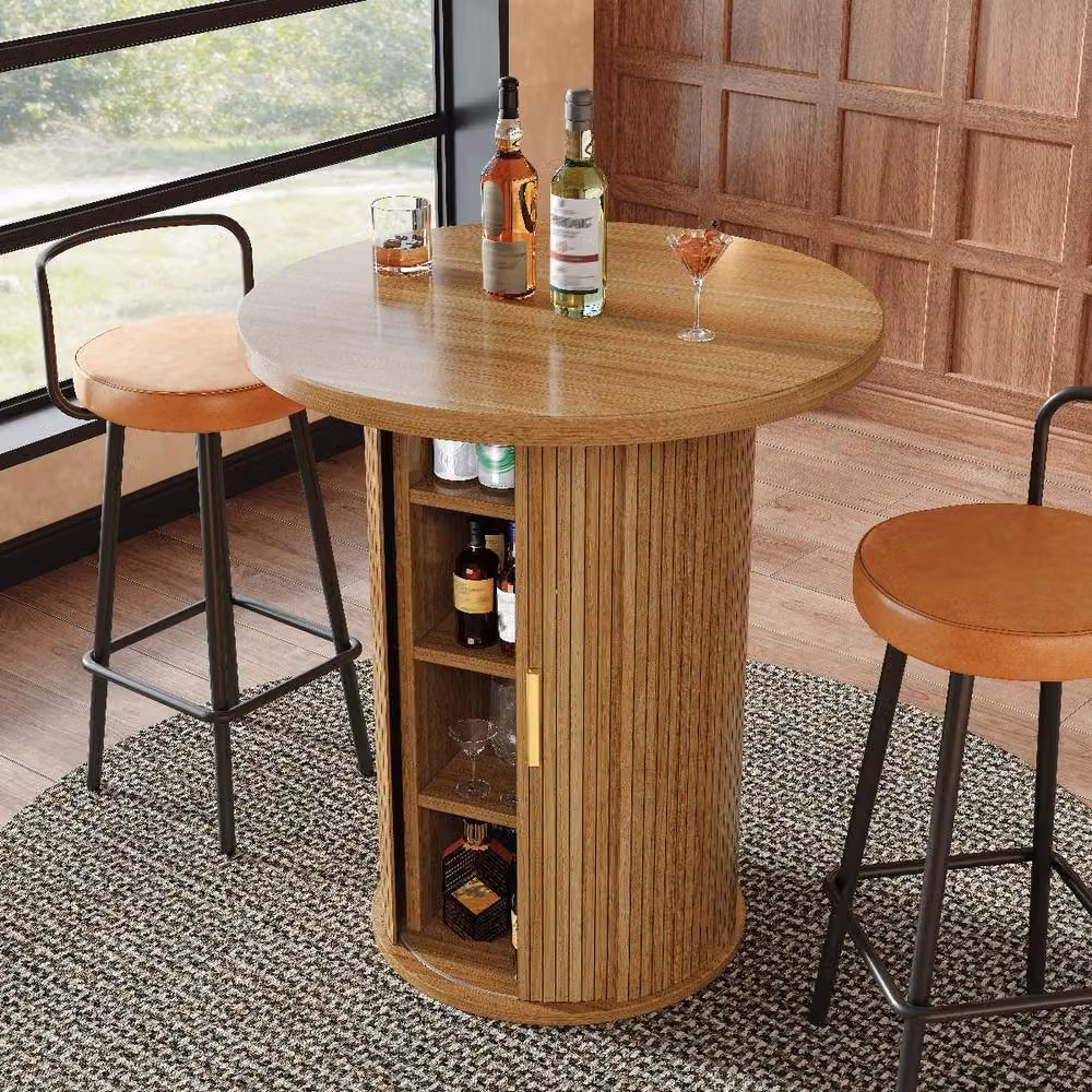 Rolipo Round Bar Table with Storage Cabinet in Brown, Height: 92 cm – 2