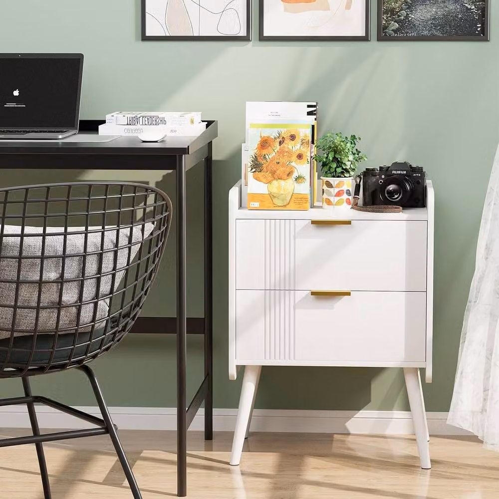 Huhote Bedside Table Cabinet with 2 Drawers and Wooden Legs in White – 5