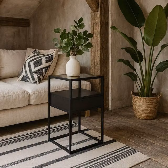 Wyld Haus Wrenna Black Bedside Table with Smoked Glass Top
