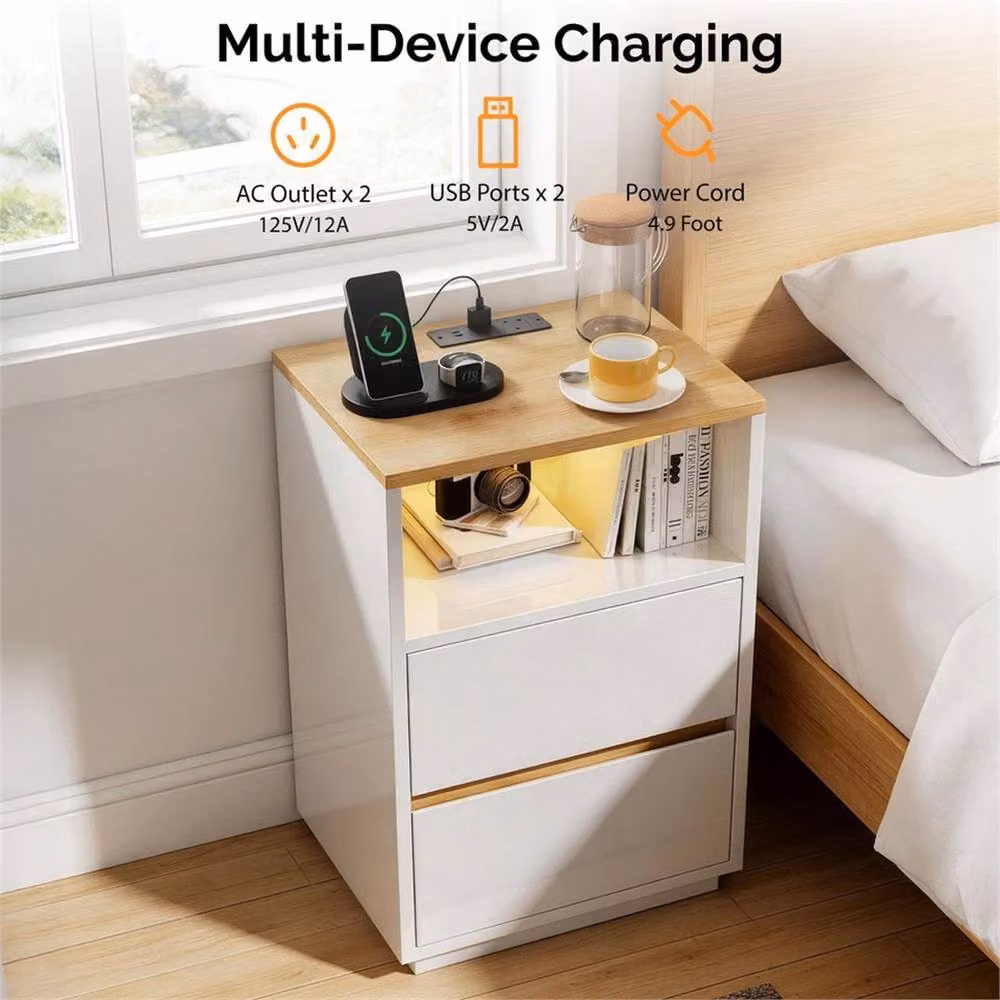 Nordara Modern White Glossy Bedside Cabinet with 2 Drawers and Integrated LED Lighting – 2