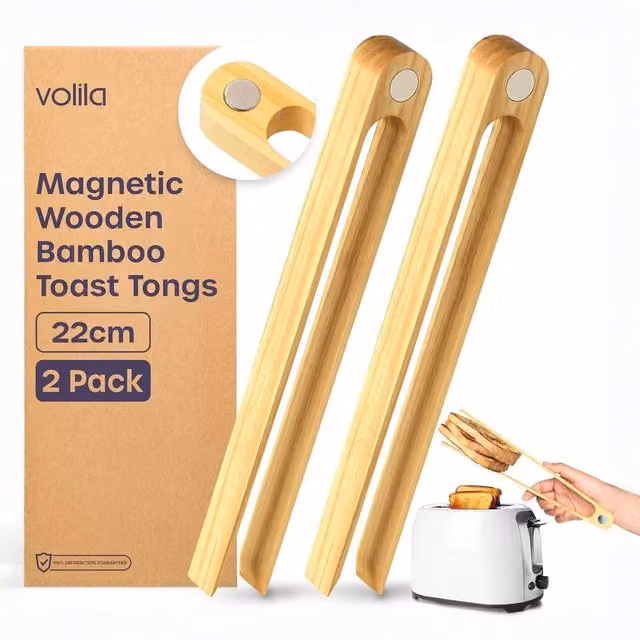Volila 2 Pack Reusable Bamboo Toast Tongs, Brown, Length: 22 cm