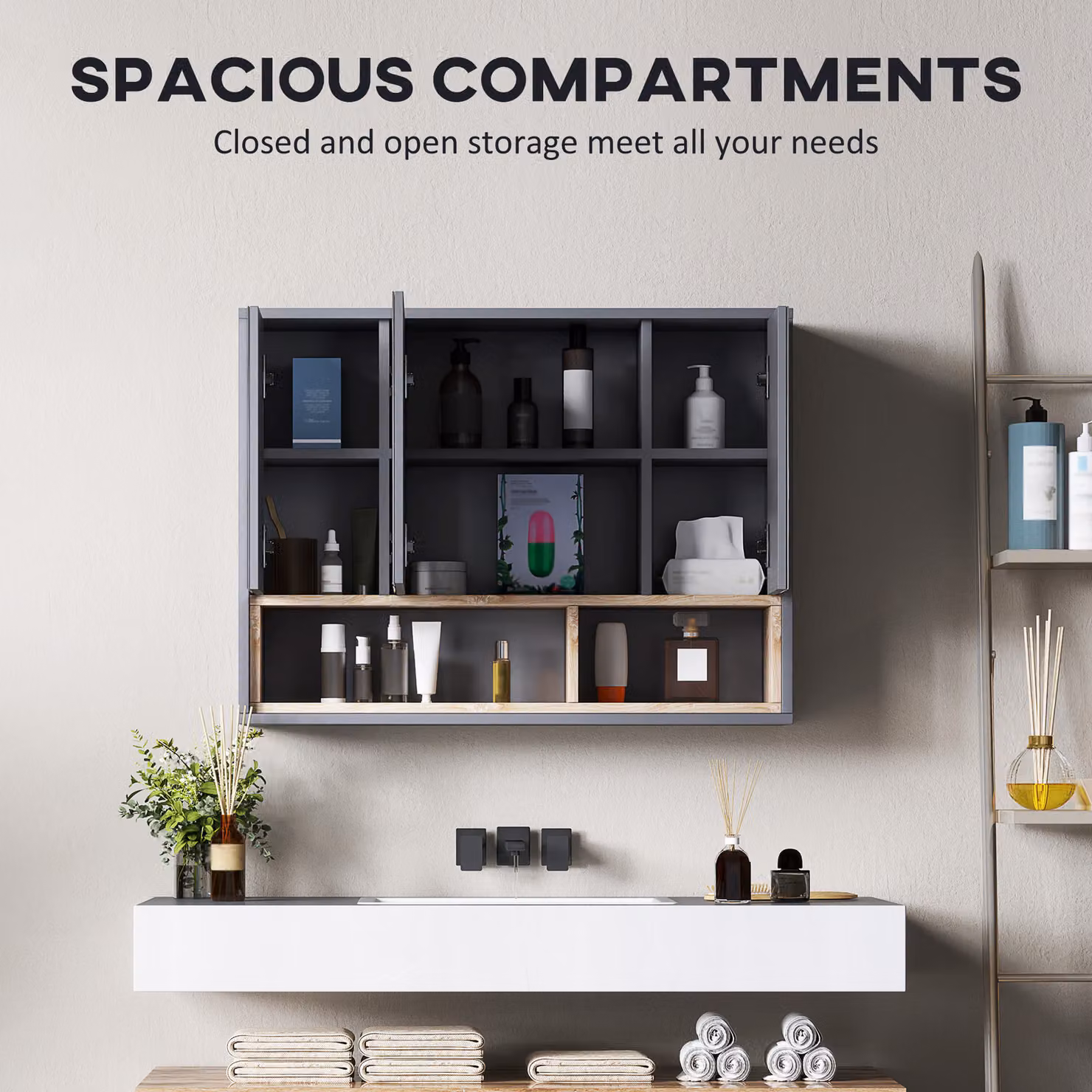 HOMCOM Grey Wall Mounted Bathroom Mirror Cabinet with 3 Hinged Doors and Cupboards – 4