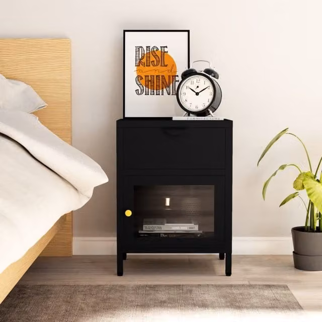 Berkfield Home Modern Black Nightstand in Metal and Glass, W/D/H: 40 x 30 x 54.5 cm – 1
